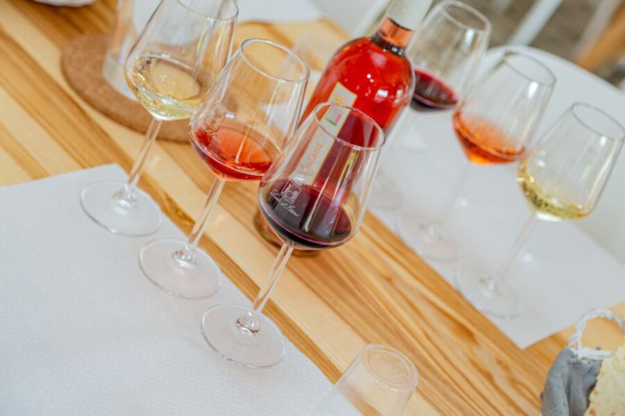 Alghero: Wine and Olive Oil Tasting at a Local Farm - The tasting room setup: five glasses, prepped bites, and a clear flow